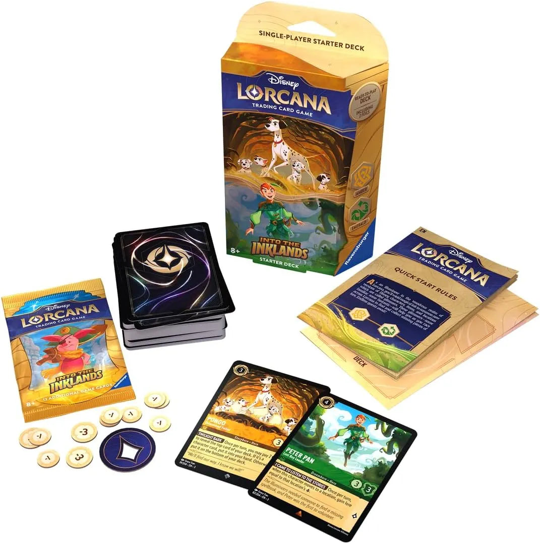 Bild des Starter Decks Bernstein/Smaragd von Disney Lorcana - Die Tintenlande mit Englischer Flagge Inhalt