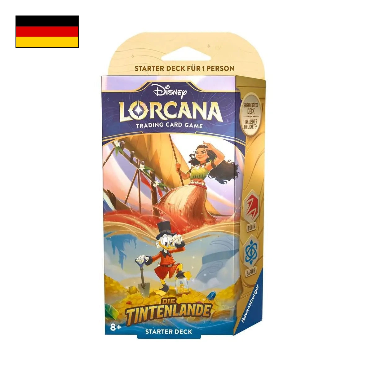 Bild des Starter Decks Rubin/Saphir von Disney Lorcana - Die Tintenlande mit Deutscher Flagge