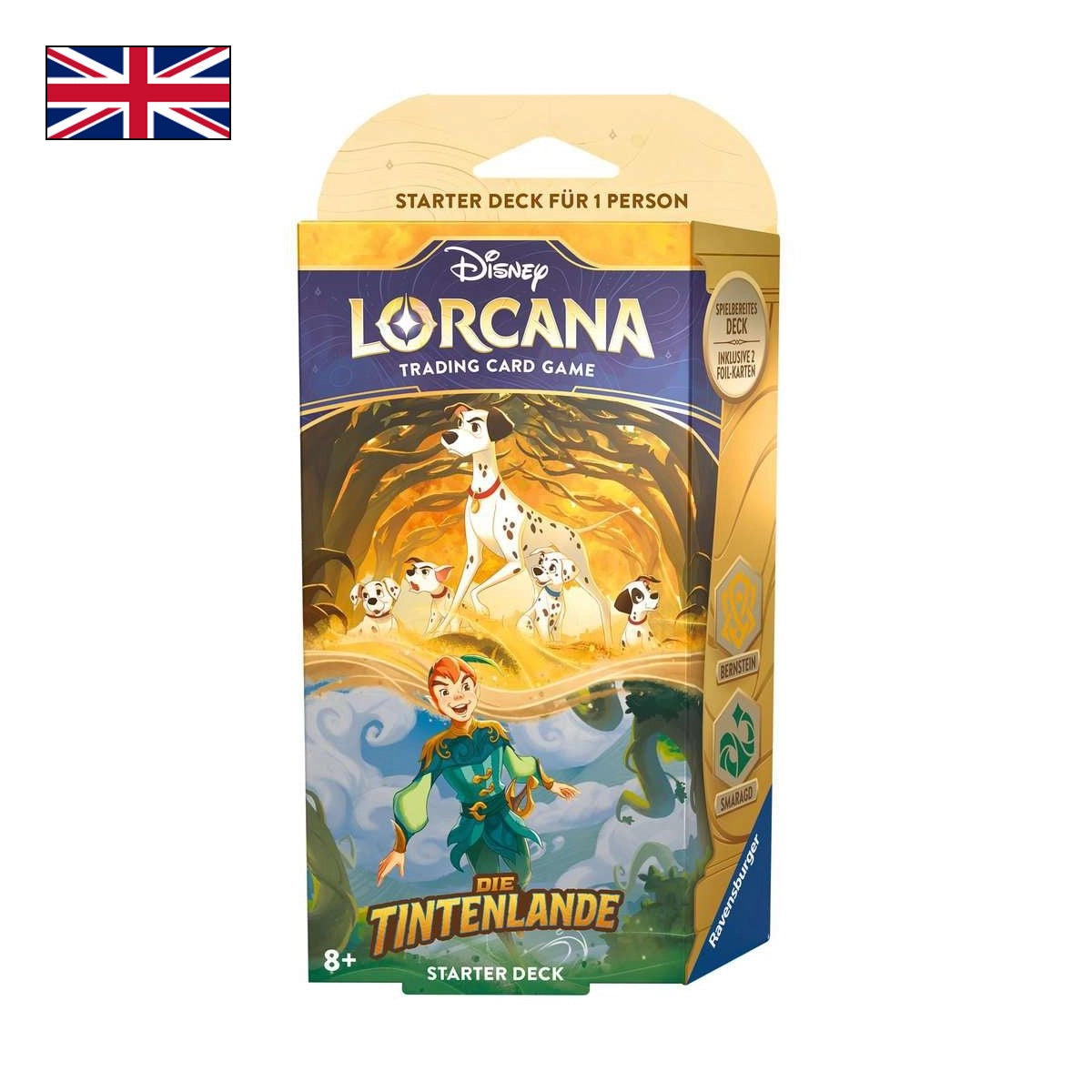 Bild des Starter Decks Bernstein/Smaragd von Disney Lorcana - Die Tintenlande mit Englischer Flagge