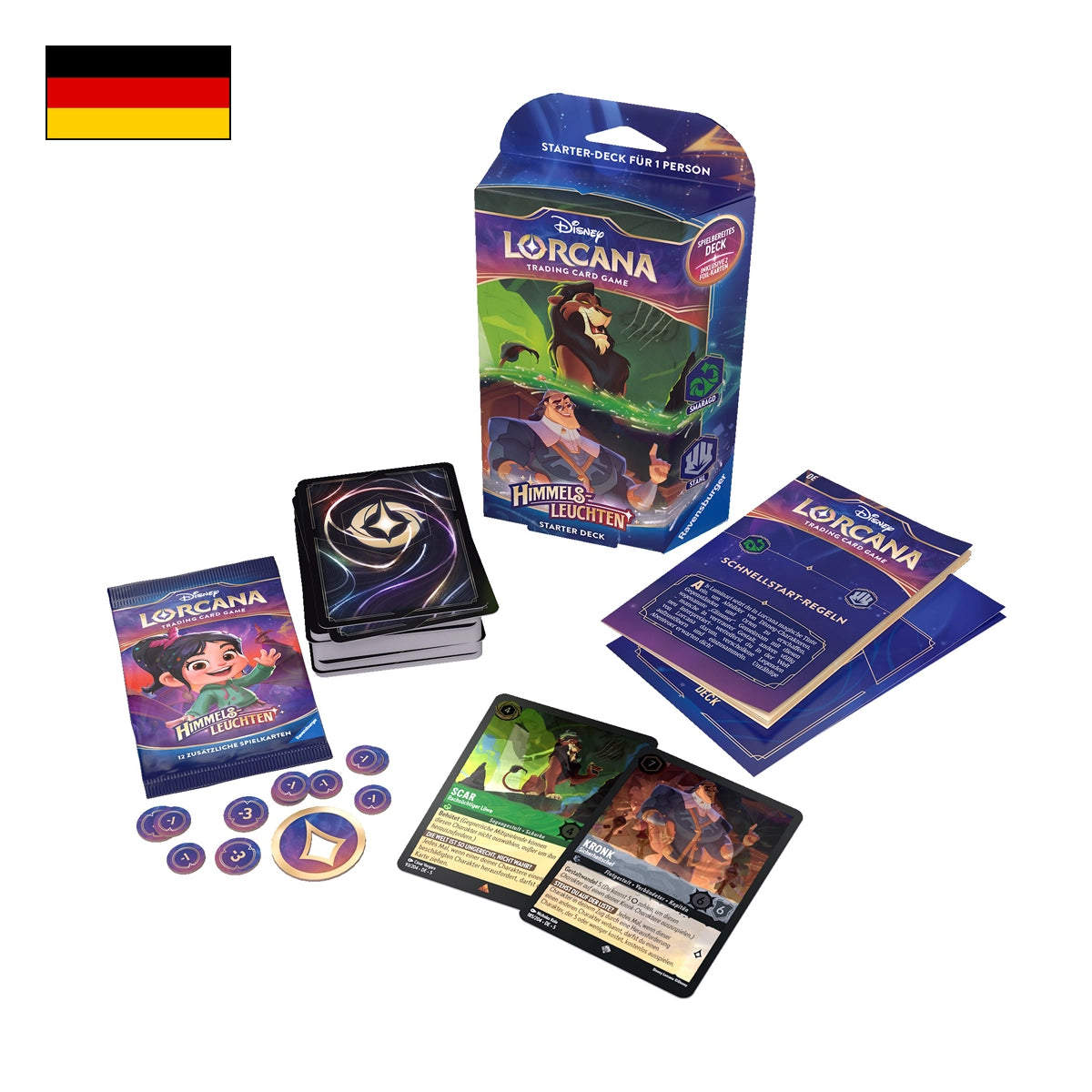Disney Lorcana: Himmelsleuchten Starter Deck Smaragd Stahl Inhalt